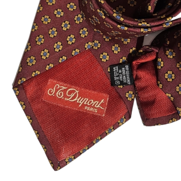 ST DUPONT Burgundy Floral Silk LUXURY Tie HANDMADE ITALY - Picture 3 of 4
